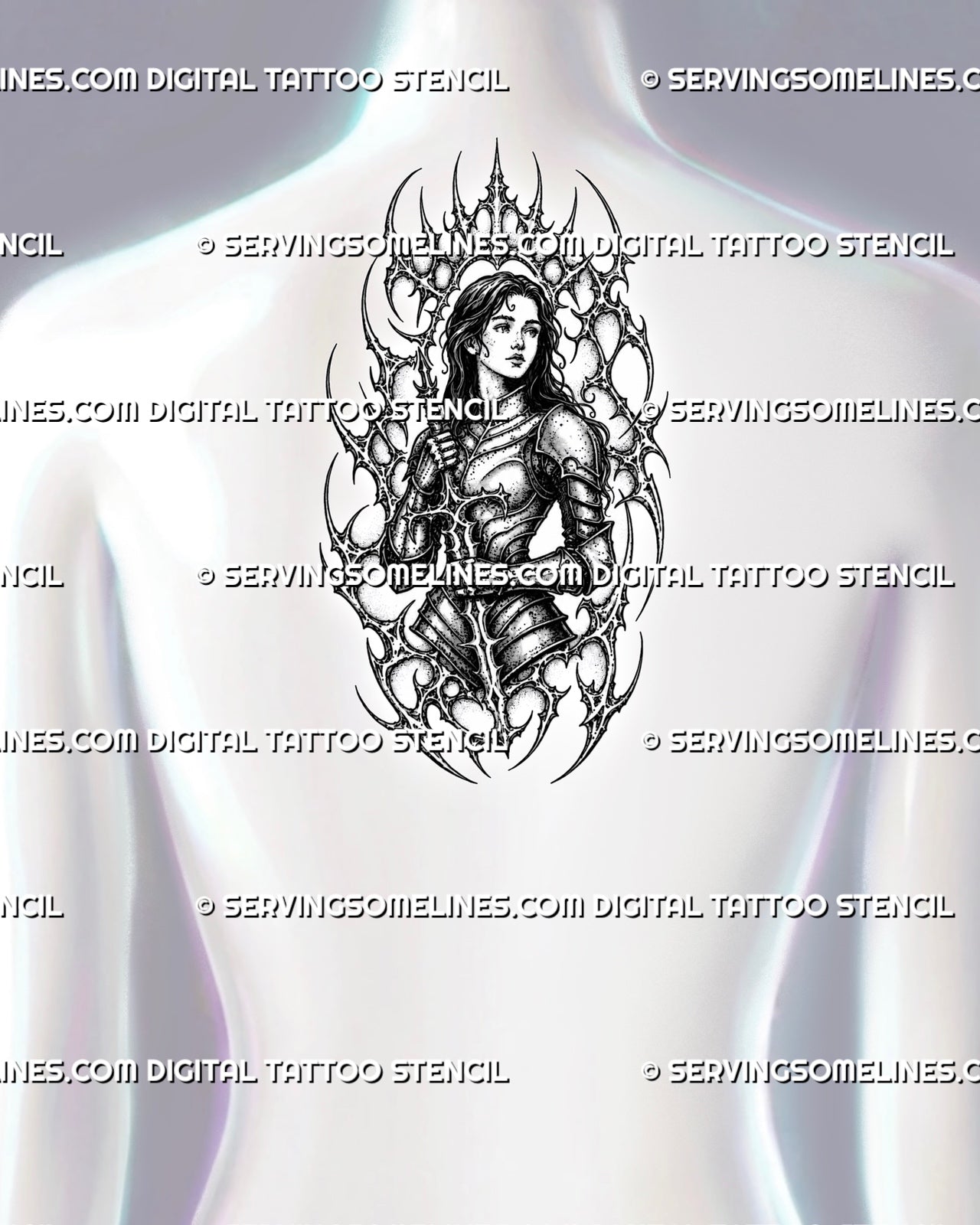 Neotribal female knight tattoo stencil shown on upper back with armored warrior, sword, sharp cyber tribal frame, and large fantasy tattoo shape