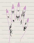 Neotribal finger tattoo designs in a gothic blackwork style, arranged across fingers and hand, modern cybersigil mini tattoos with dark aesthetic.