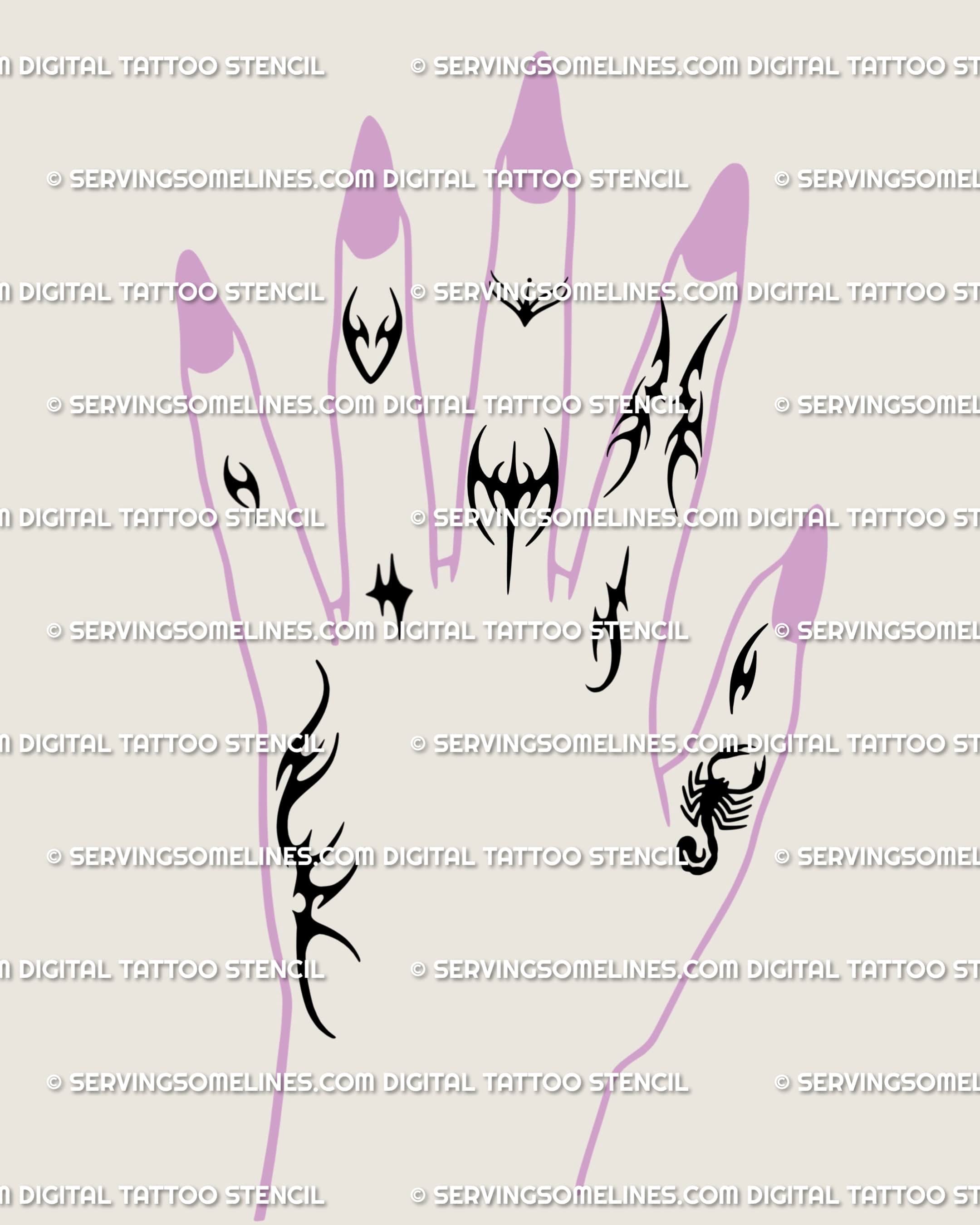 Neotribal finger tattoo designs in a gothic blackwork style, arranged across fingers and hand, modern cybersigil mini tattoos with dark aesthetic.