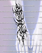 Neotribal heart tattoo shown across the back of the hand, wrist, and forearm with solid black shapes, open heart forms, spikes, and four-point star details