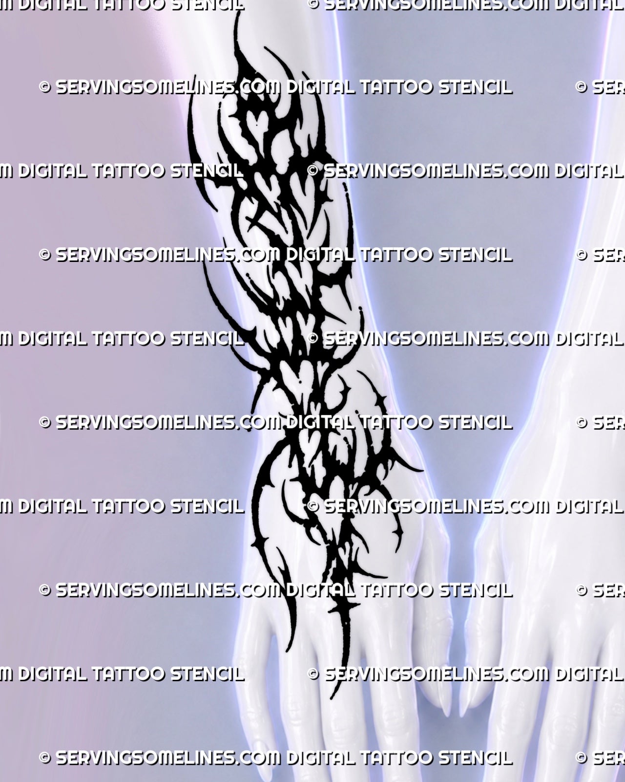 Neotribal heart tattoo shown across the back of the hand, wrist, and forearm with solid black shapes, open heart forms, spikes, and four-point star details