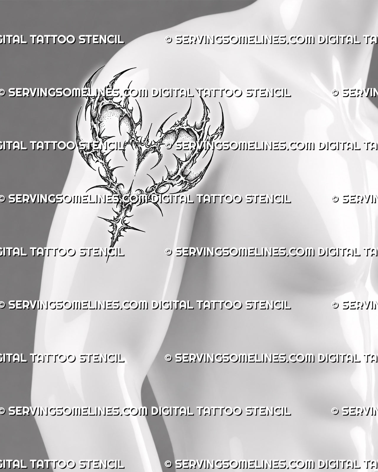 Neotribal heart tattoo stencil shown on men’s upper arm placement with sharp sigil strokes and open center detail.