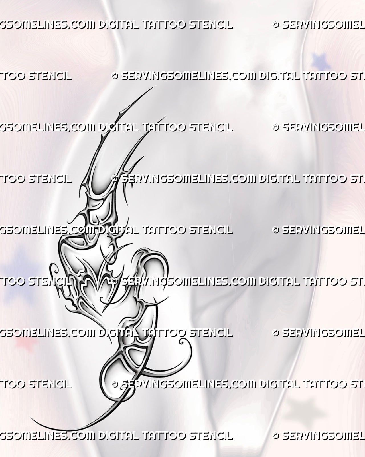 Neotribal hip and thigh tattoo stencil shown across side hip and thigh placement, with abstract cyber tribal linework