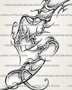 Close view of neotribal hip and thigh tattoo stencil, showing cyber tribal linework, heart center, and soft shaded depth