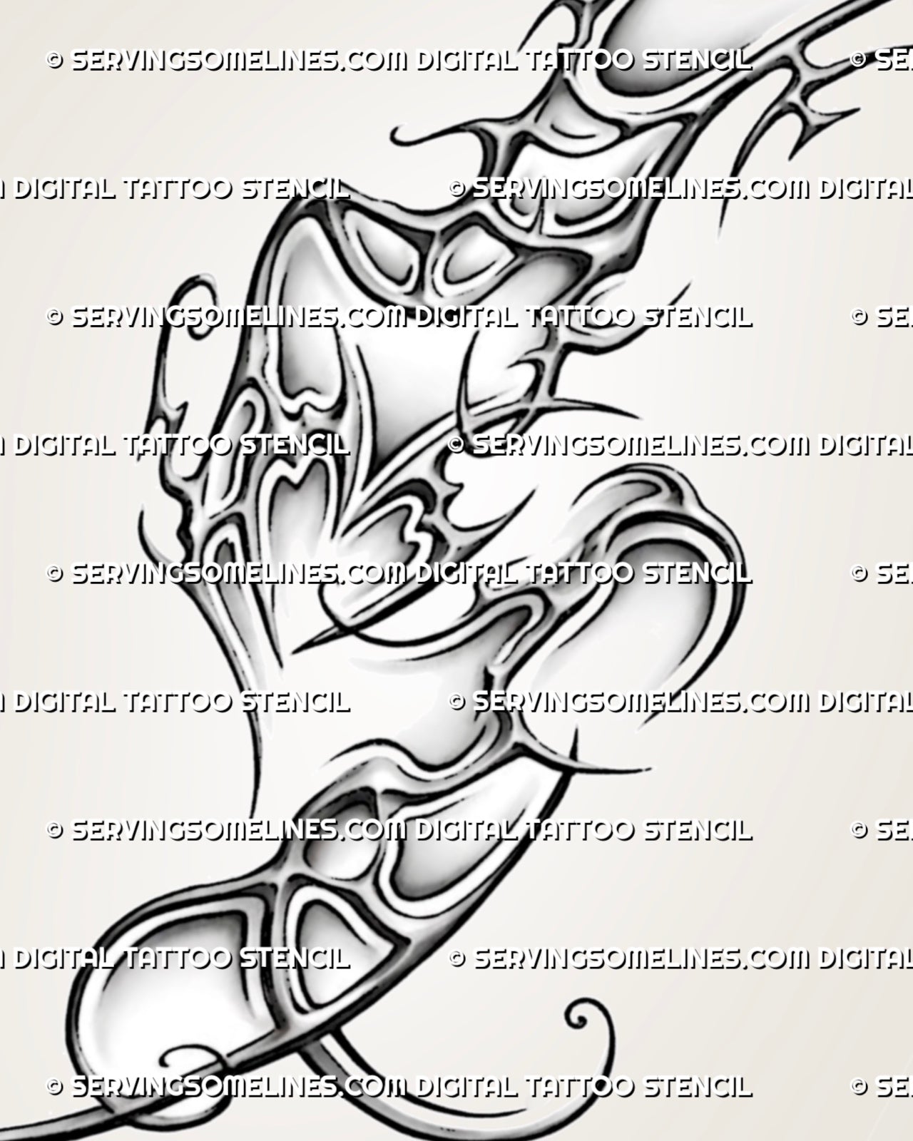 Close view of neotribal hip and thigh tattoo stencil, showing cyber tribal linework, heart center, and soft shaded depth