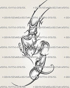Neotribal hip and thigh tattoo stencil with cyber tribal linework, small heart center, soft shading, and printable design file