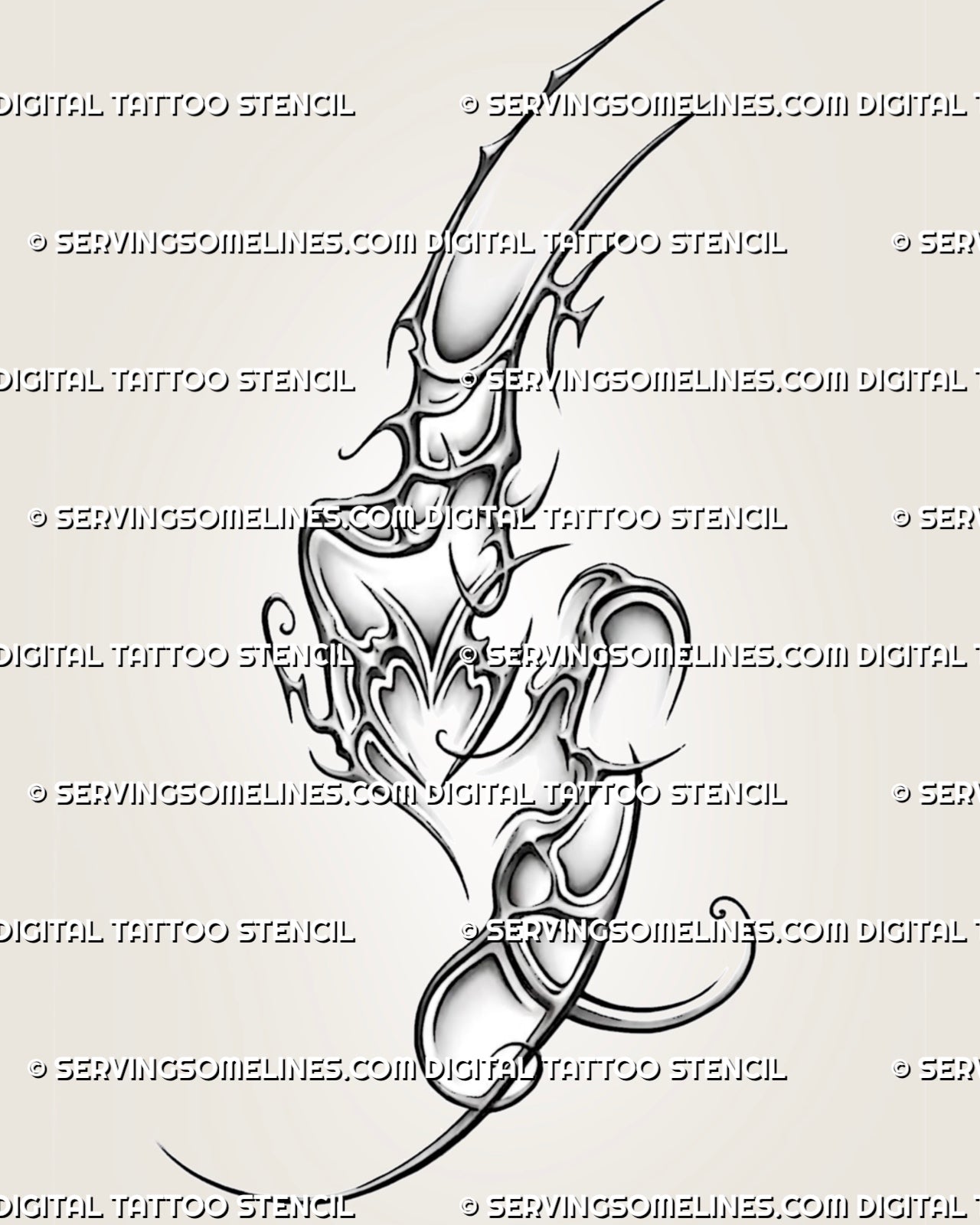 Neotribal hip and thigh tattoo stencil with cyber tribal linework, small heart center, soft shading, and printable design file