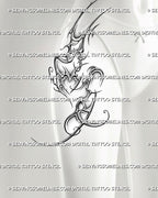 Neotribal hip and thigh tattoo stencil shown on front side thigh, with sharp tribal flow and small heart-shaped center