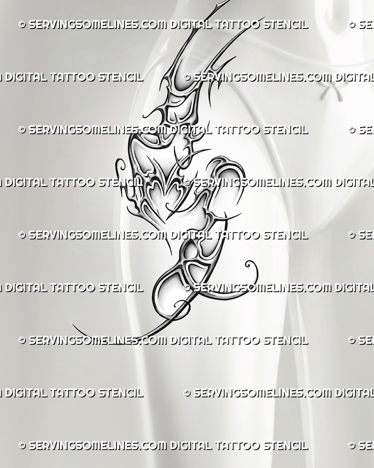 Neotribal hip and thigh tattoo stencil shown on front side thigh, with sharp tribal flow and small heart-shaped center