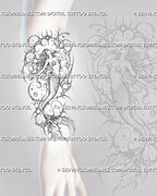 Neotribal mermaid tattoo stencil shown on forearm with a tall curved figure, flowing hair, scaled tail, celestial shapes, and sharp ornamental details