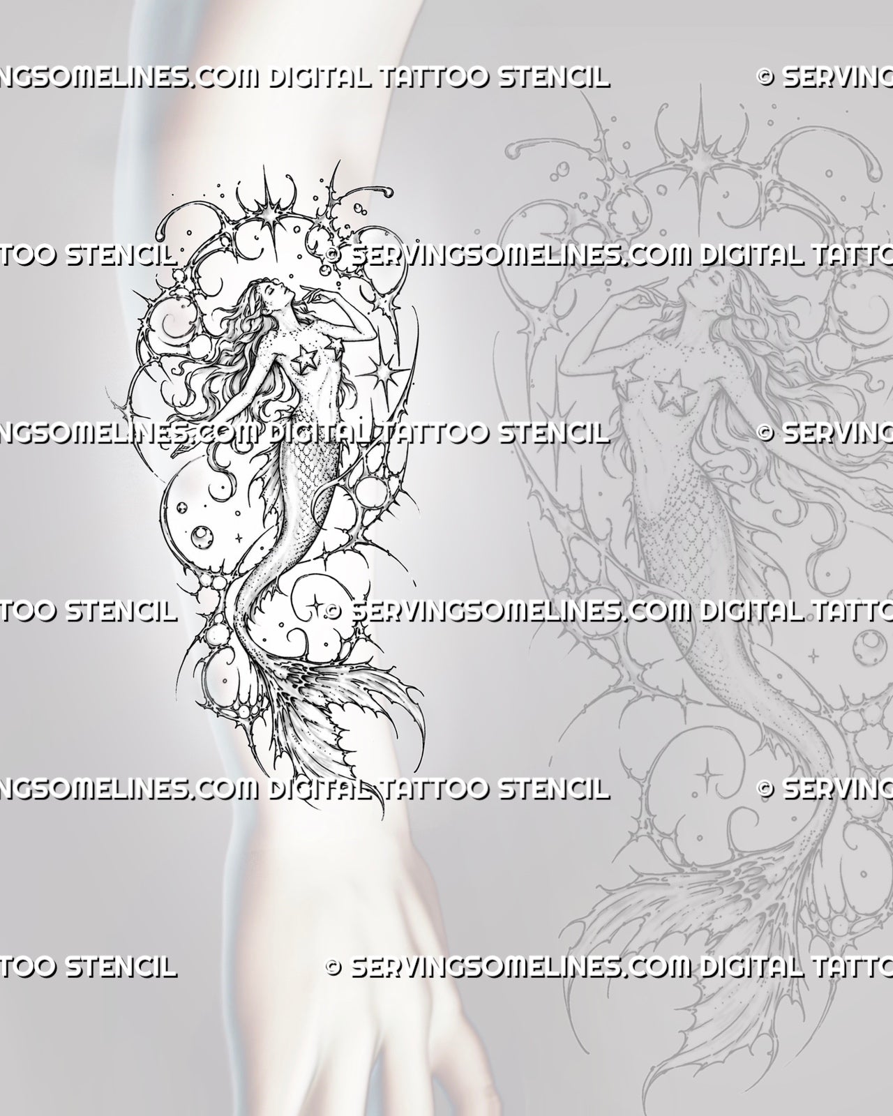 Neotribal mermaid tattoo stencil shown on forearm with a tall curved figure, flowing hair, scaled tail, celestial shapes, and sharp ornamental details