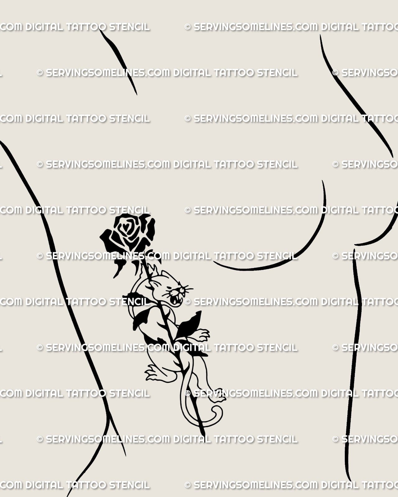 Neotribal panther tattoo with gothic floral curves, bold lines showing balance between power, loyalty, and inner calm energy