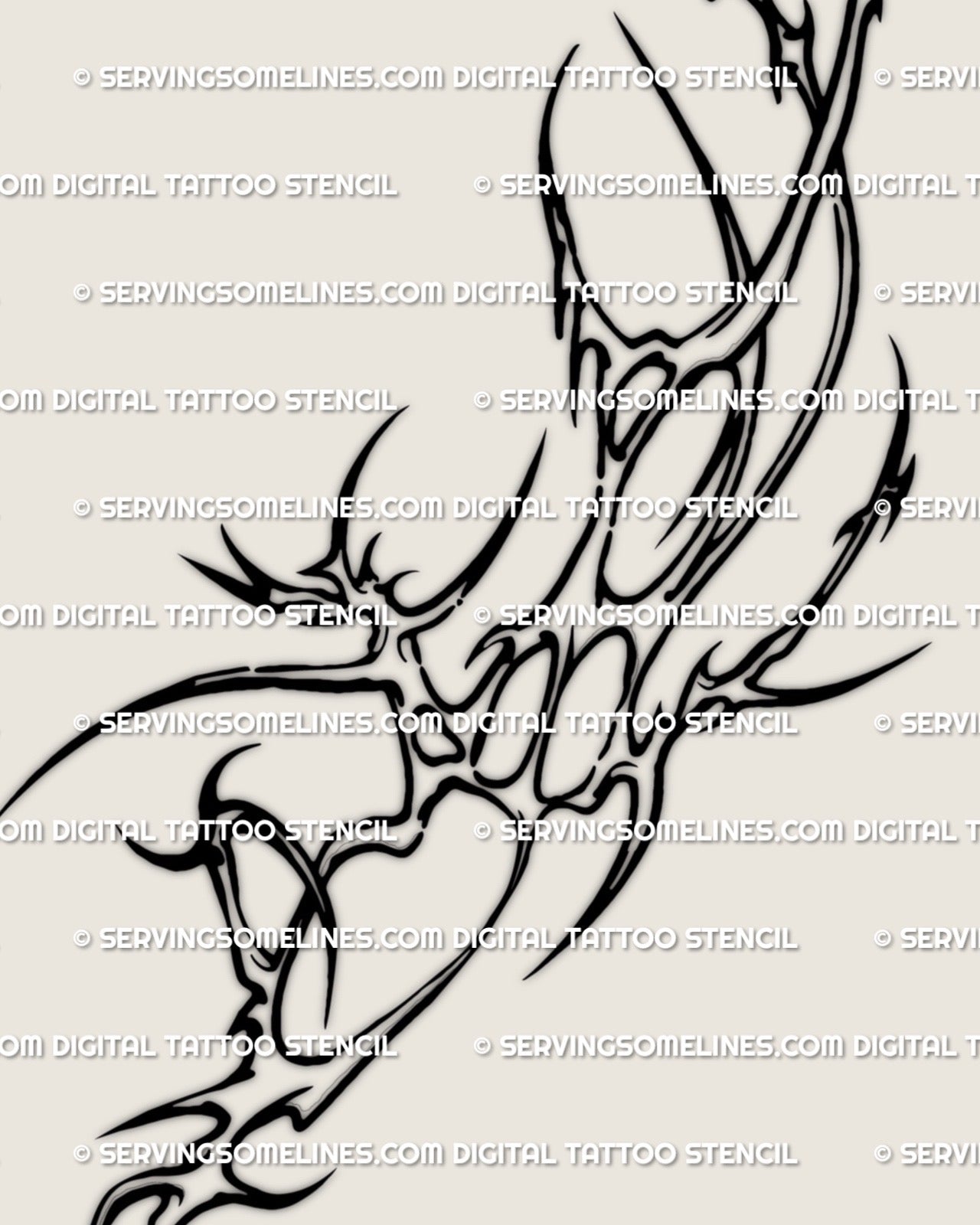 closeup detail of cyber neotribal rib tattoo stencil showing sharp spiky linework and modern masculine curves for side torso placement