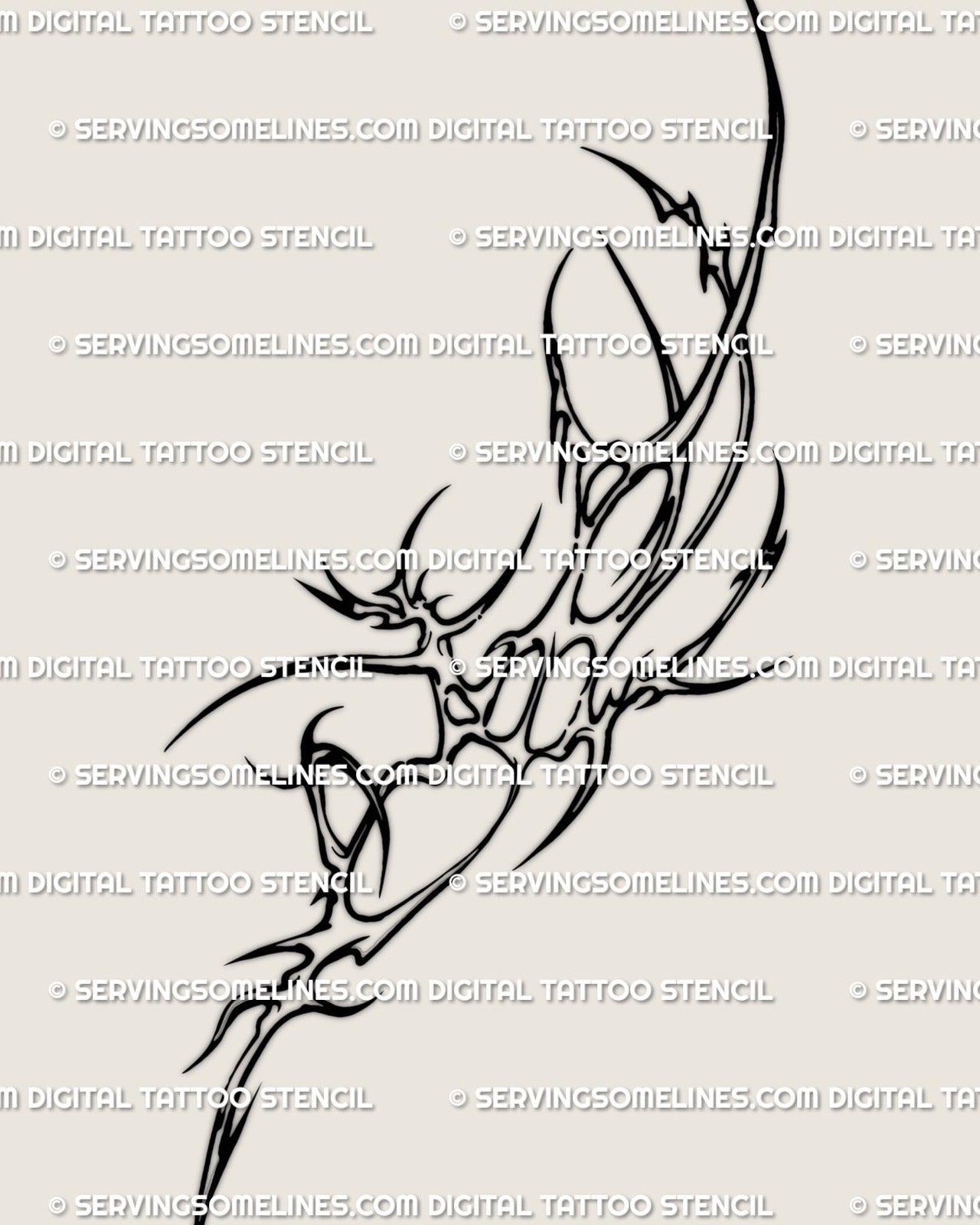 full cyber neotribal rib tattoo stencil with sharp spiky linework built for men’s side torso placement and body fitted shape
