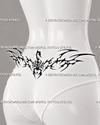 Neotribal scorpion tramp stamp tattoo shown on female lower back placement, with bold black lines and centered scorpion detail