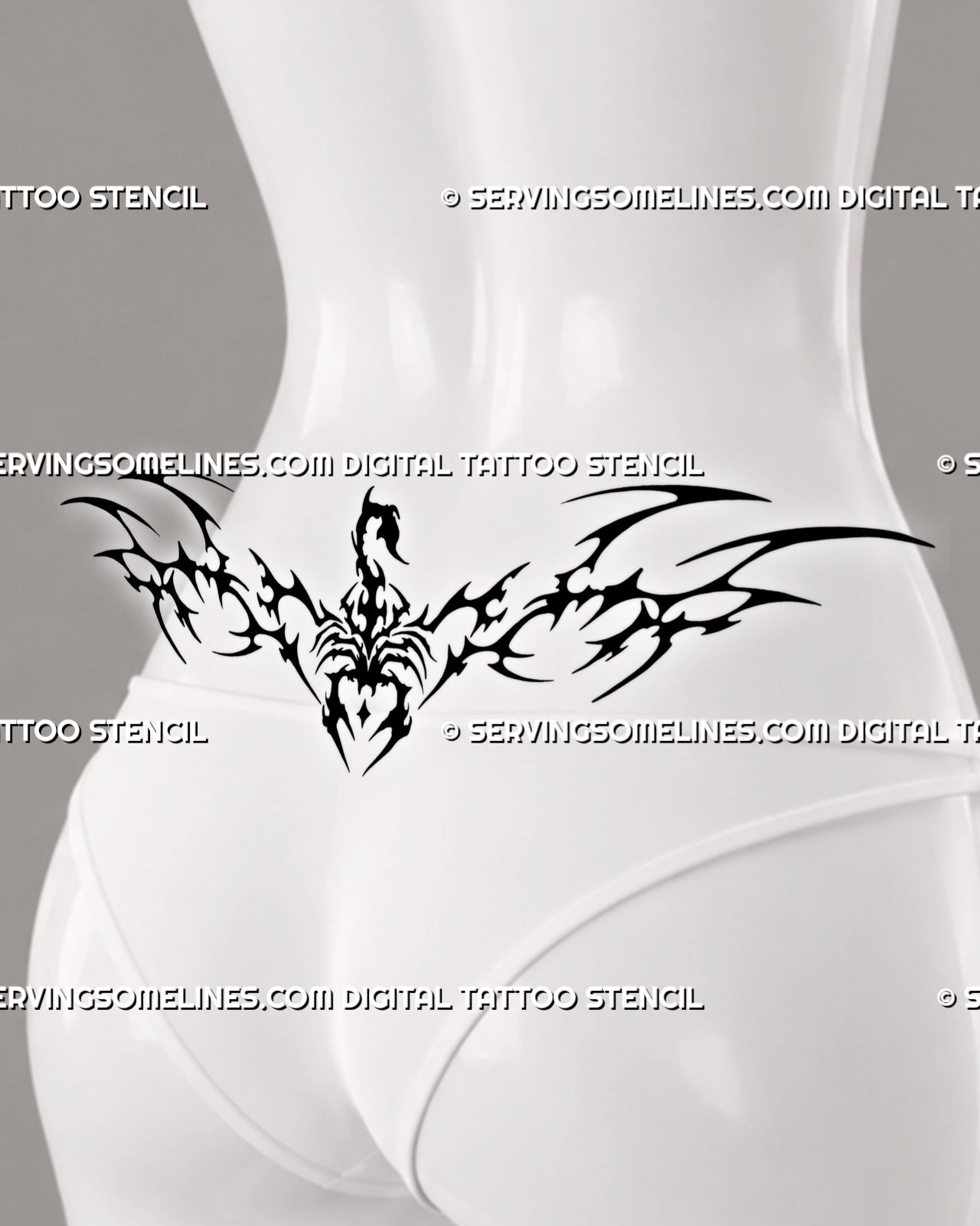 Neotribal scorpion tramp stamp tattoo shown on female lower back placement, with bold black lines and centered scorpion detail