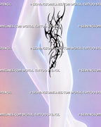 Neotribal side of knee tattoo shown on the lateral leg with bold black forms, sharp outlined cyber shapes, and asymmetrical joint framing