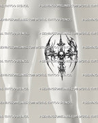 Neotribal skull cross tattoo stencil displayed on men’s front thigh, with winged cross shape and readable dark stencil detail