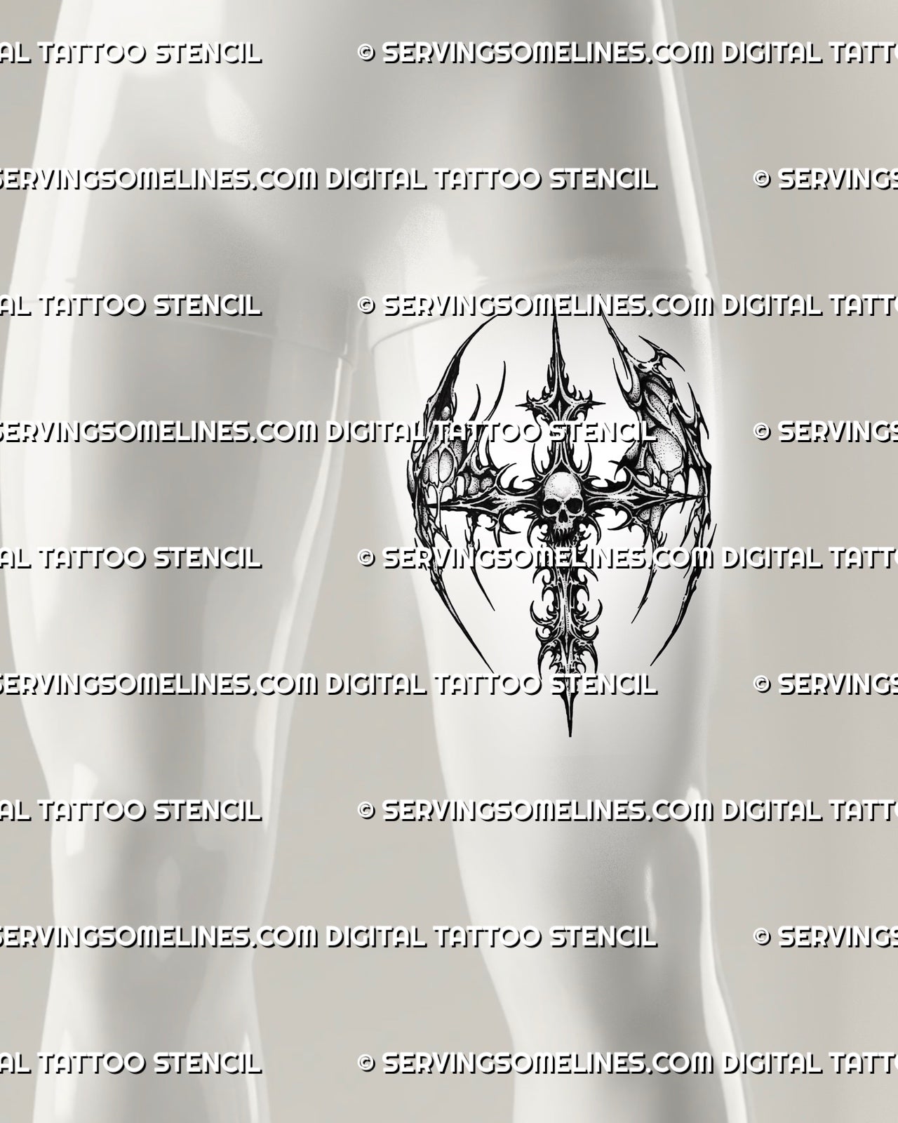Neotribal skull cross tattoo stencil displayed on men’s front thigh, with winged cross shape and readable dark stencil detail