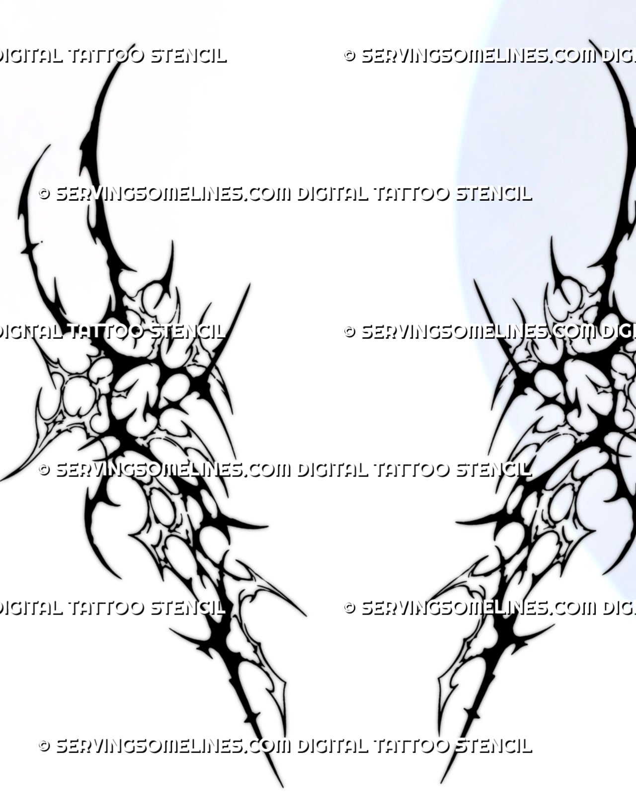 Neotribal stomach tattoo stencil design with mirrored hip pieces, solid black shapes, outlined cybersigilism forms, pointed extensions, and open negative space