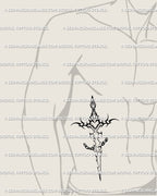 sword tattoo stencil placed on male side stomach showing broken chain blade, symbolic tattoo of independence and strength