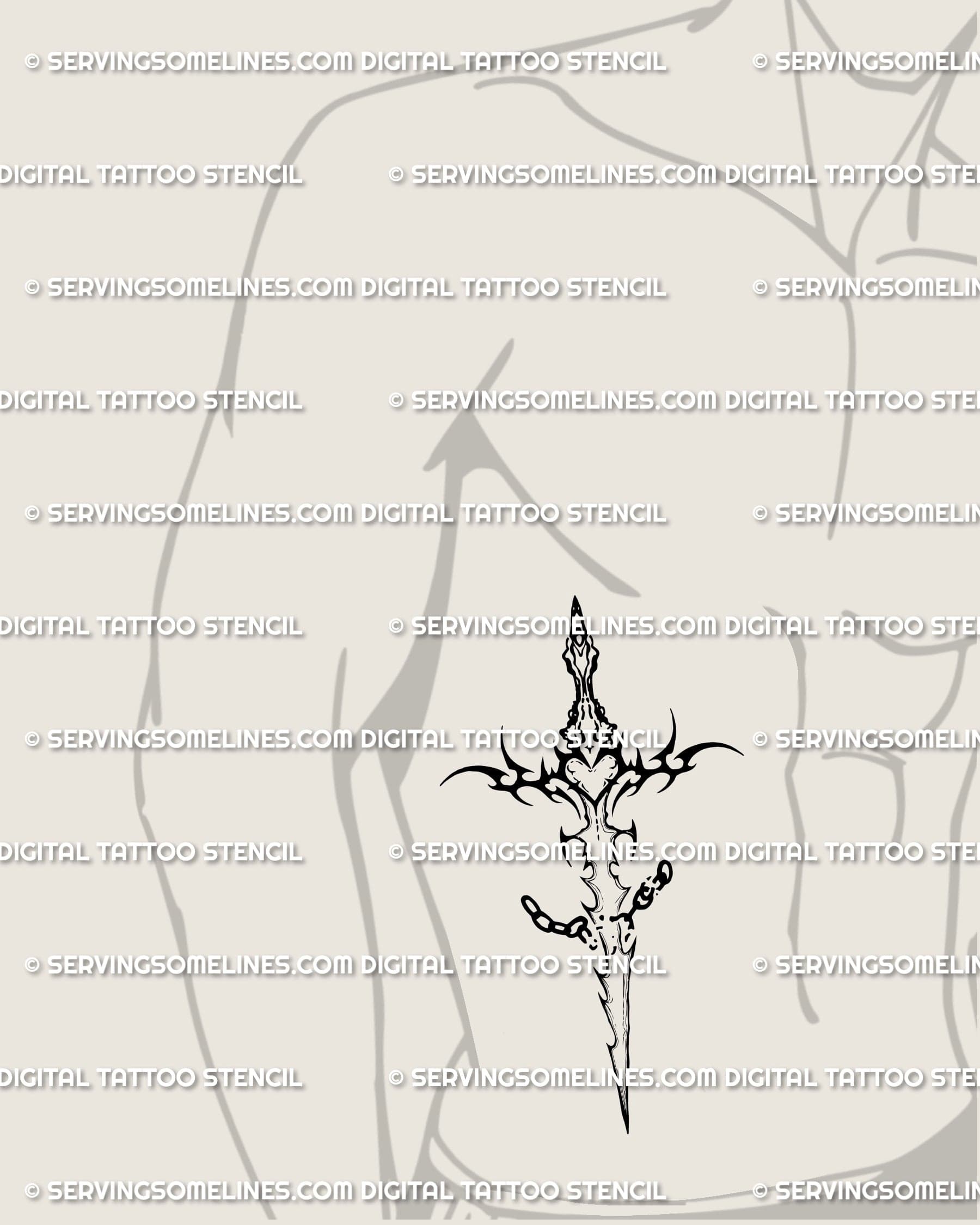 sword tattoo stencil placed on male side stomach showing broken chain blade, symbolic tattoo of independence and strength