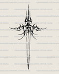 Neotribal sword tattoo stencil in clean black line art, symmetrical cyber-inspired blade scaled for chest, spine, forearm, or thigh.