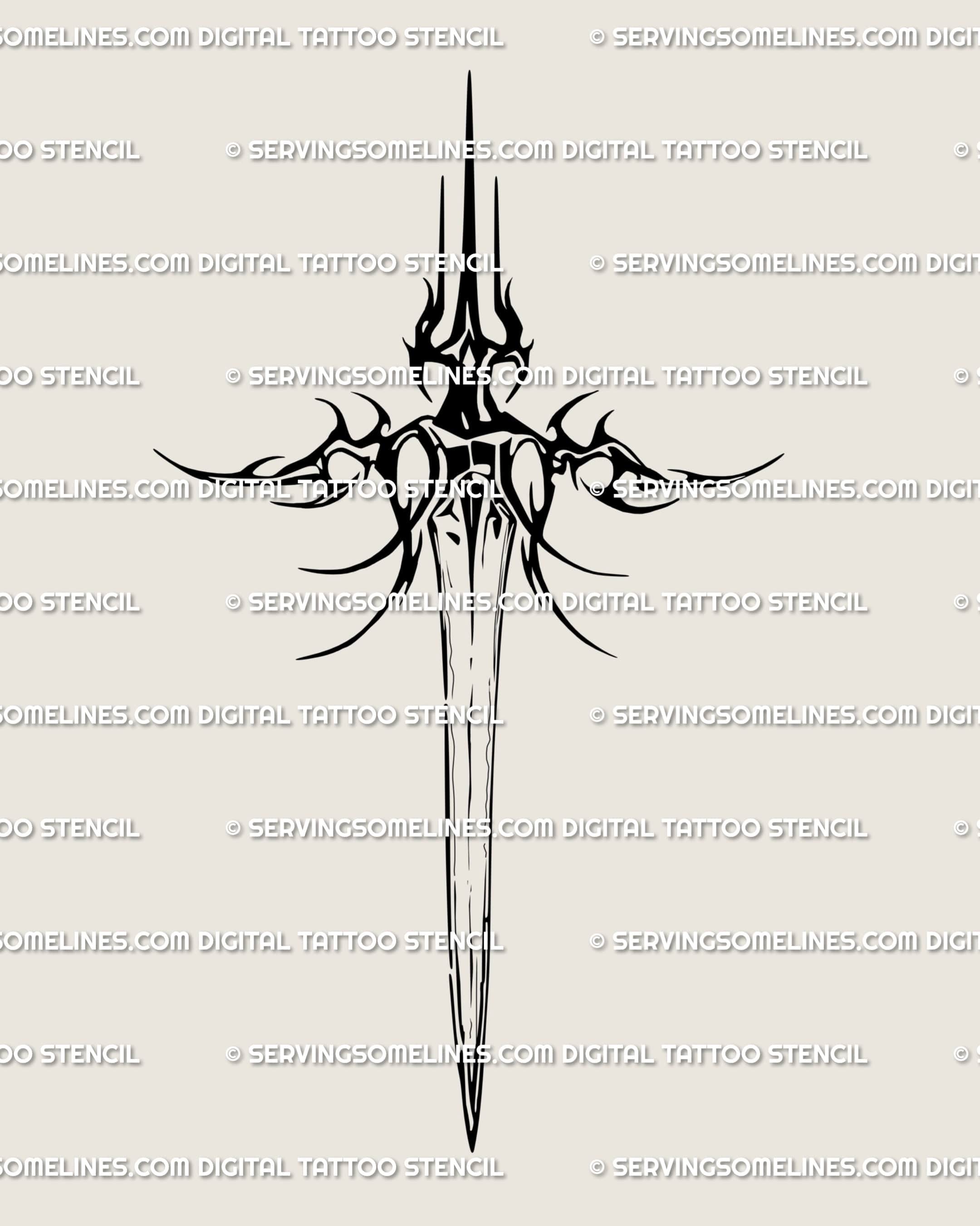Neotribal sword tattoo stencil in clean black line art, symmetrical cyber-inspired blade scaled for chest, spine, forearm, or thigh.
