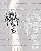 Neotribal winged dragon tattoo shown on the forearm with horned head, raised wings, sharp cyber tribal blackwork, hooked curves, and spiral tail