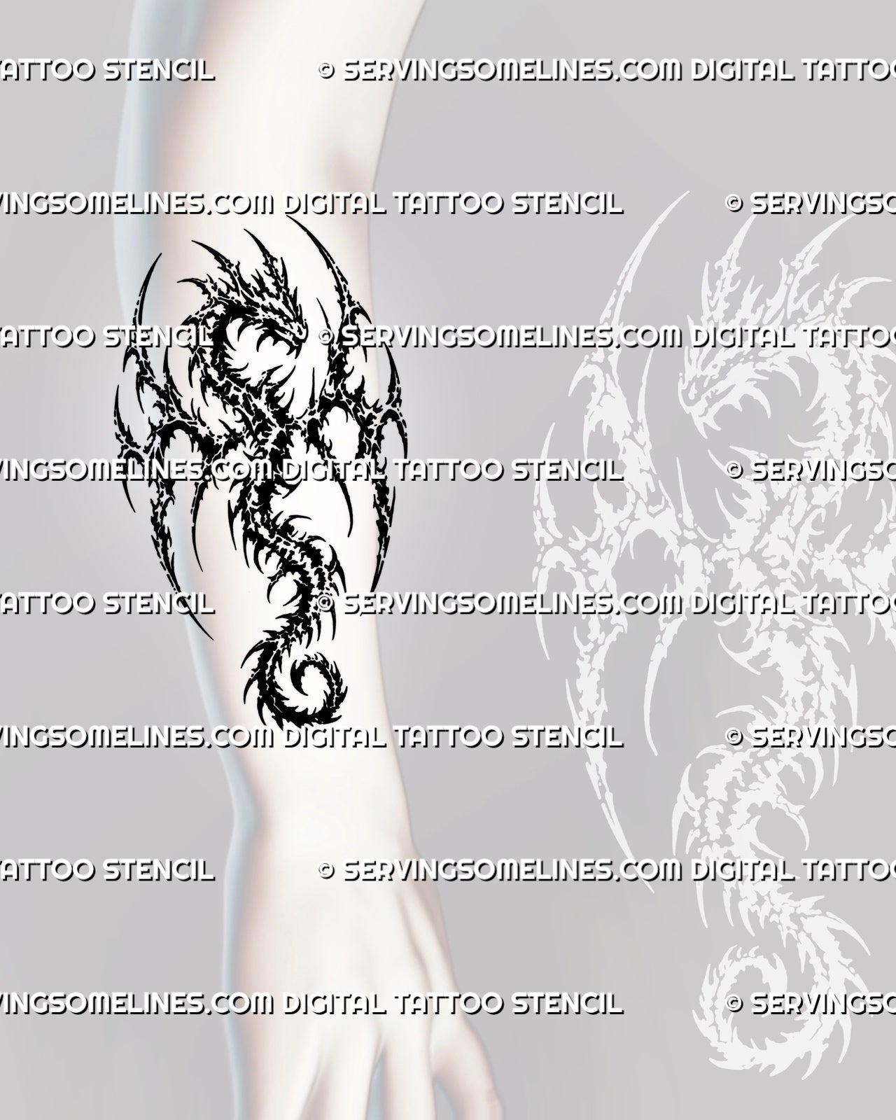 Neotribal winged dragon tattoo shown on the forearm with horned head, raised wings, sharp cyber tribal blackwork, hooked curves, and spiral tail