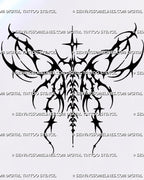 Neotribal winged sigil tattoo design with branching black wings, pointed stars, trailing hooks and a skeletal-inspired center ending in a spike and dot.