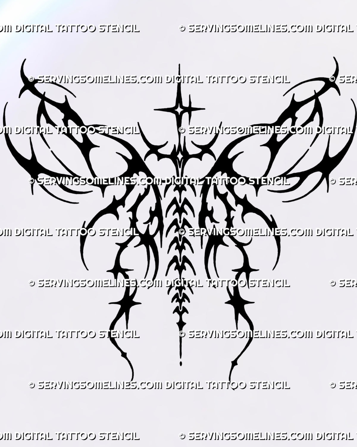 Neotribal winged sigil tattoo design with branching black wings, pointed stars, trailing hooks and a skeletal-inspired center ending in a spike and dot.
