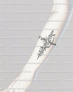 Neotribal cross tattoo stencil flowing with forearm lines, Y2K inspired gothic design, visible daily mark of strength and identity.