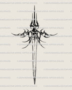 Neotribal gothic sword tattoo stencil, clean black line art for digital download; symmetrical cyber-inspired blade designed to scale for chest, spine, forearm, or thigh placements.