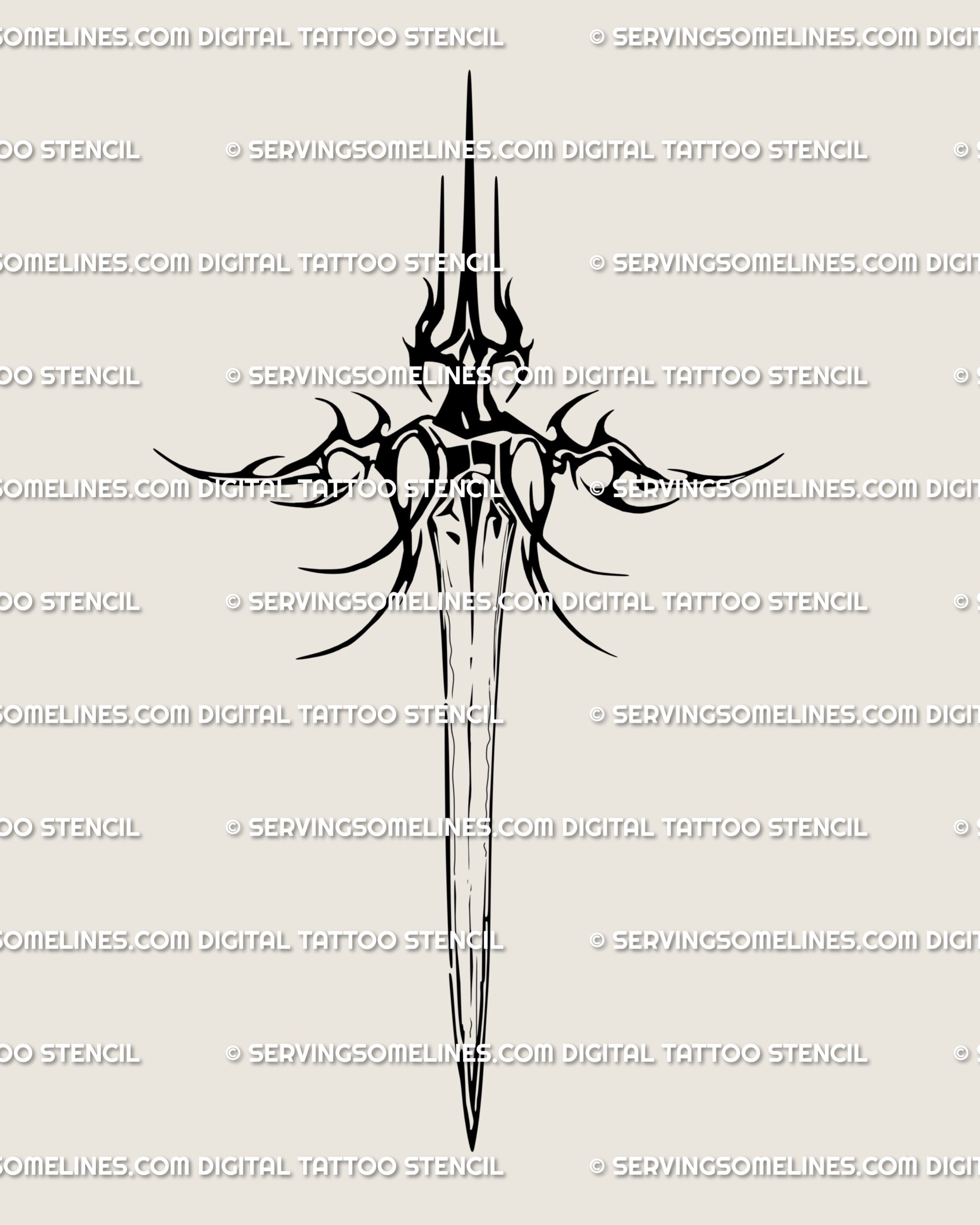 Neotribal gothic sword tattoo stencil, clean black line art for digital download; symmetrical cyber-inspired blade designed to scale for chest, spine, forearm, or thigh placements.