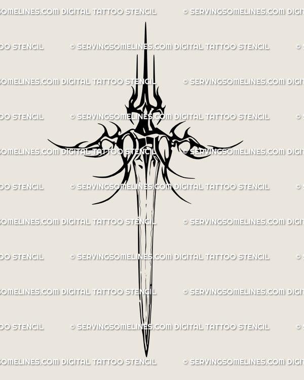 Neotribal gothic sword tattoo stencil, clean black line art for digital download; symmetrical cyber-inspired blade designed to scale for chest, spine, forearm, or thigh placements.