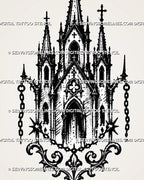 Old-world church tattoo stencil showing pointed spires, cross finials, chain ornaments, arched windows, and decorative lower flourish