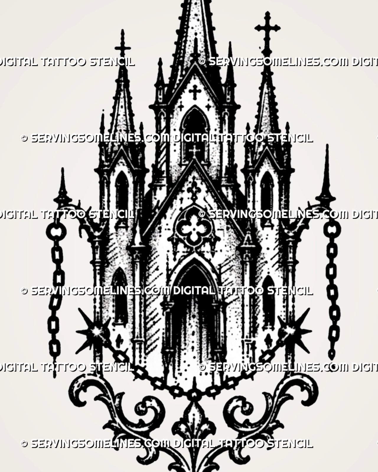 Old-world church tattoo stencil showing pointed spires, cross finials, chain ornaments, arched windows, and decorative lower flourish