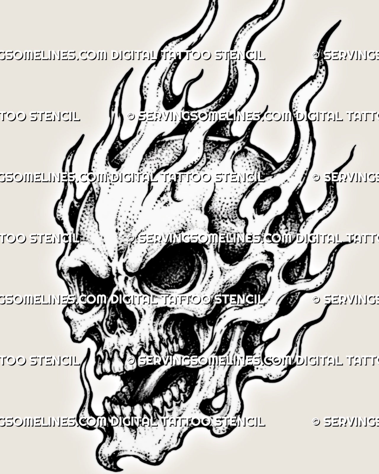 Close-up of an open-jaw flaming skull tattoo design showing uneven teeth, hollow eye sockets, bone stippling, black shadows, and layered flame details