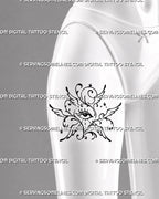 Ornamental angel eye tattoo shown on a woman’s front thigh with six wings, decorative black scrolls, celestial stars, and illustrative seraphim details