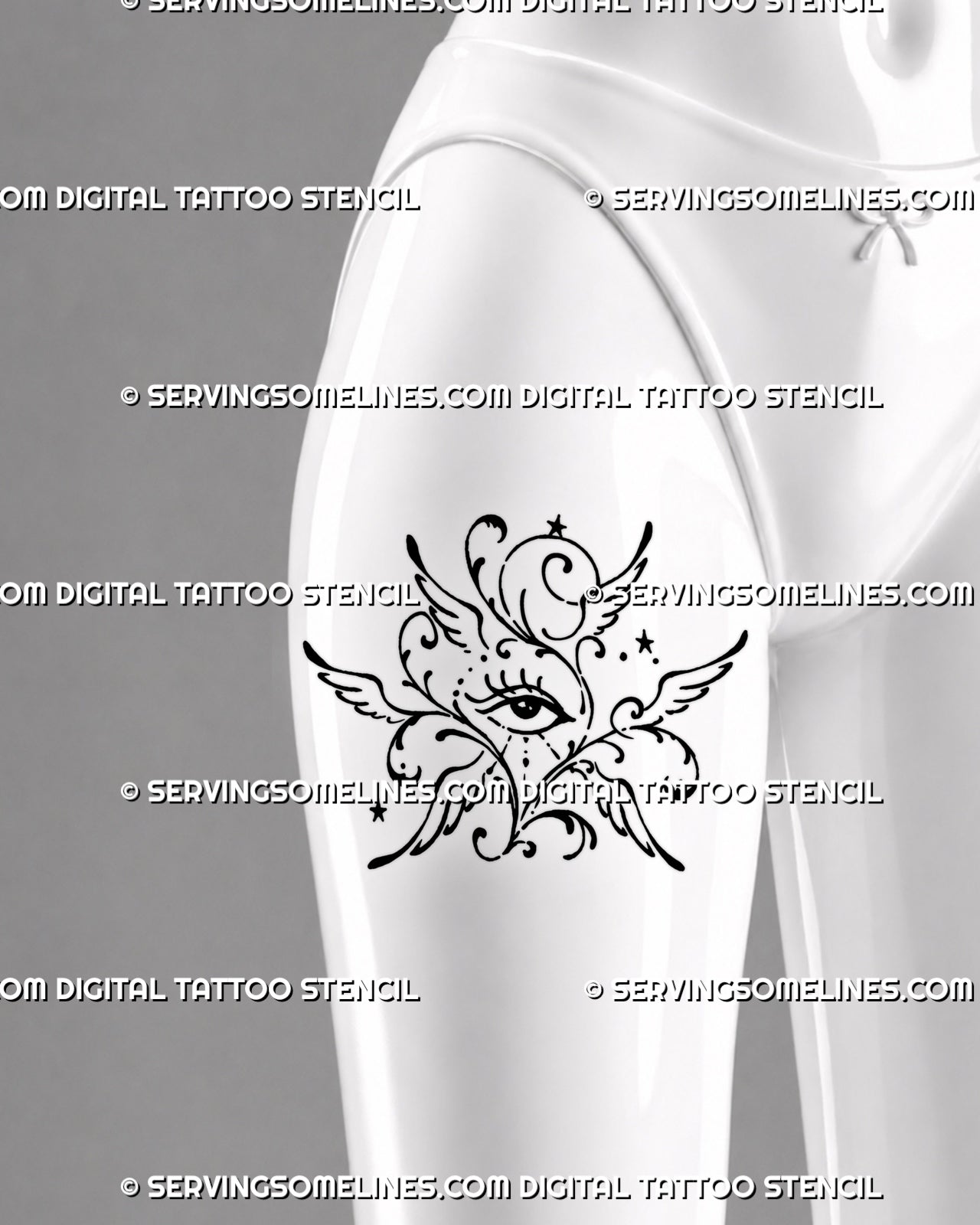 Ornamental angel eye tattoo shown on a woman’s front thigh with six wings, decorative black scrolls, celestial stars, and illustrative seraphim details