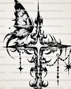 Ornamental butterfly cross tattoo design with a dark gothic cross, butterfly detail, hanging beads, and black stencil finish