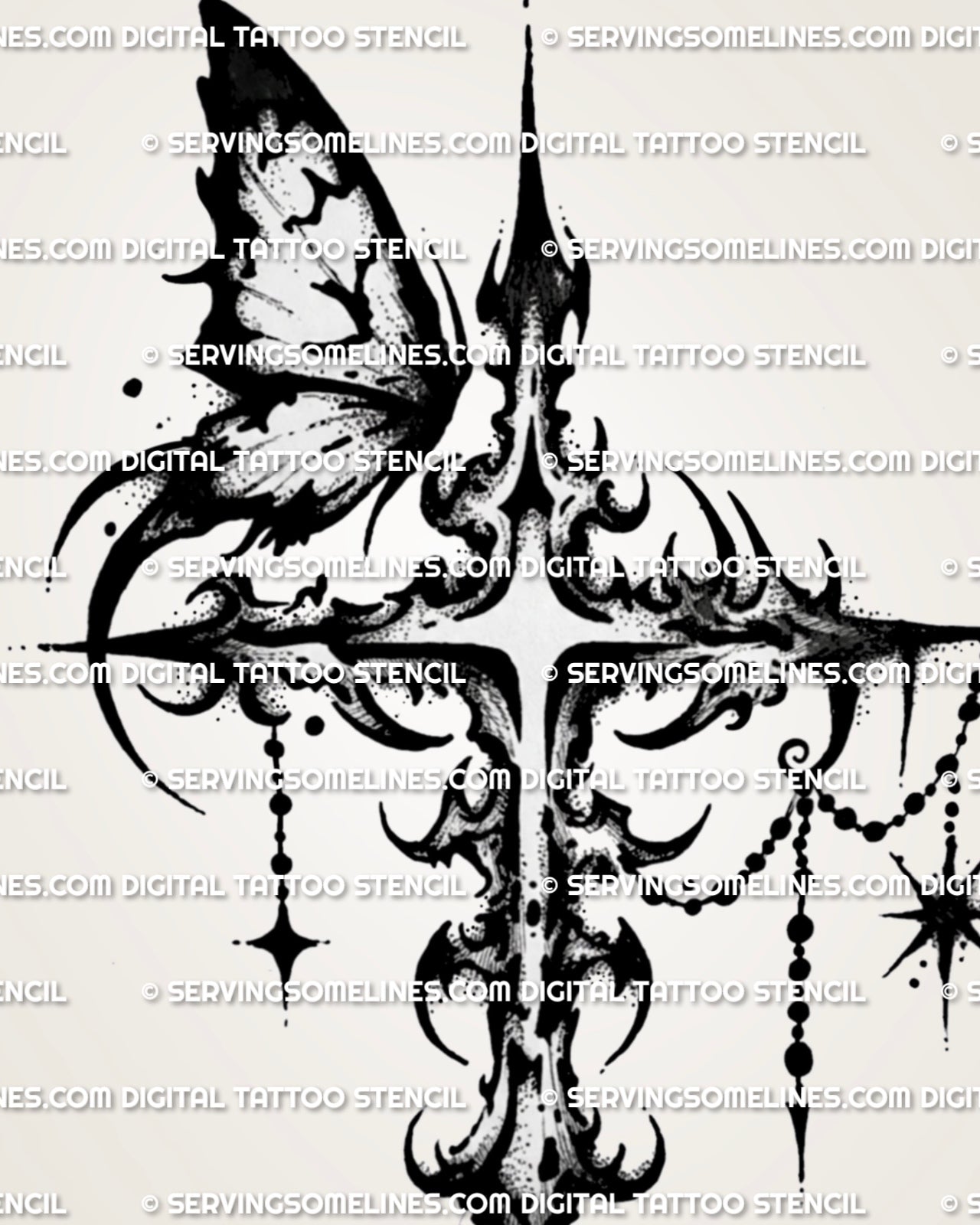 Ornamental butterfly cross tattoo design with a dark gothic cross, butterfly detail, hanging beads, and black stencil finish