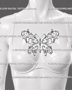 Ornamental butterfly tattoo shown at the center of a woman’s chest with sweeping baroque wings, curved antennae, and a centered pendant