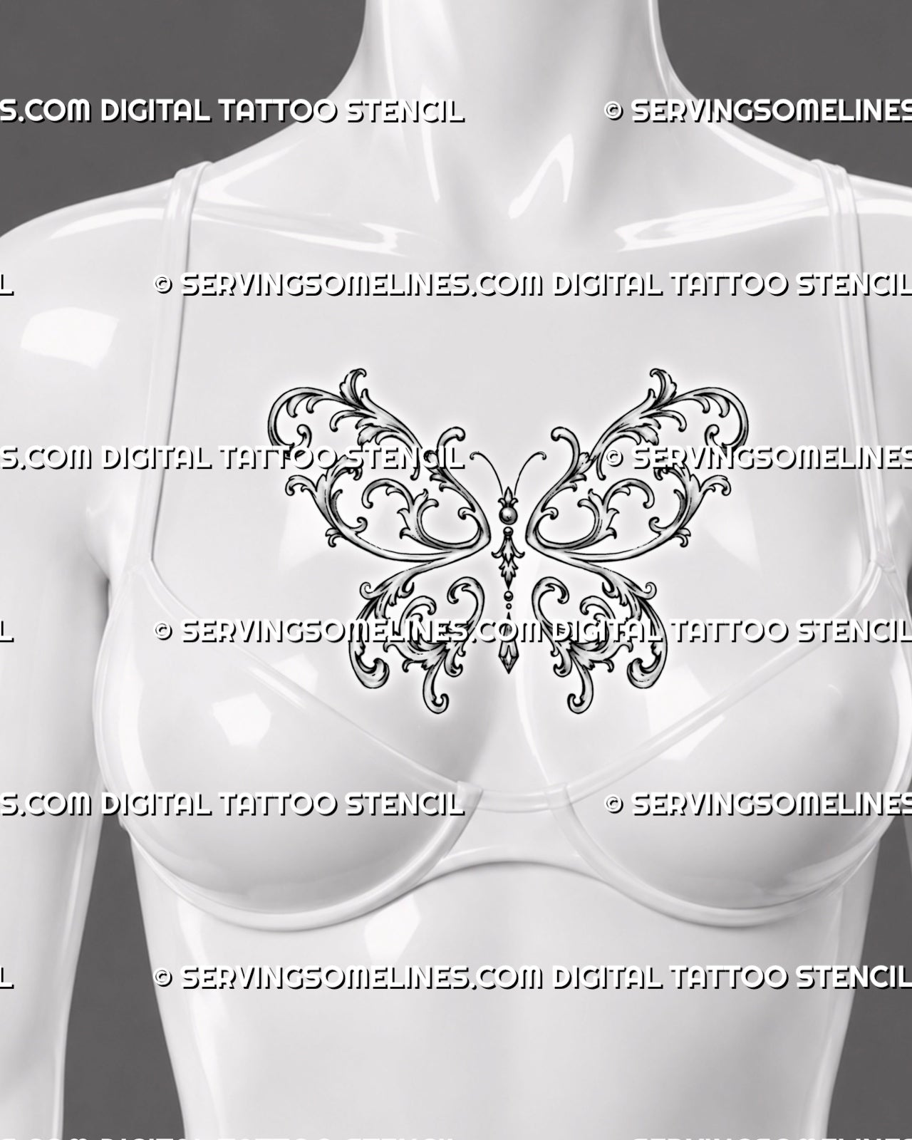 Ornamental butterfly tattoo shown at the center of a woman’s chest with sweeping baroque wings, curved antennae, and a centered pendant