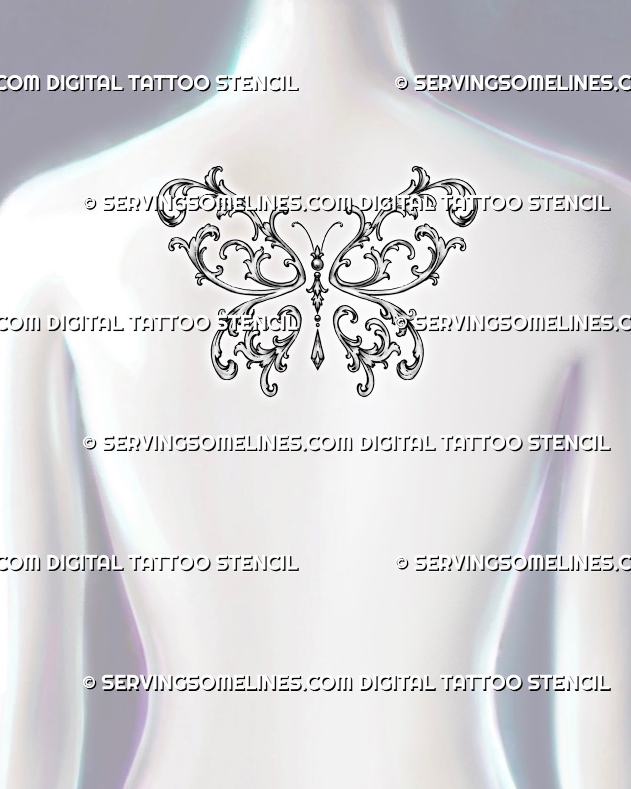Ornamental butterfly tattoo shown at the center of a woman’s upper back with wide symmetrical wings and a hanging jewel aligned with the spine