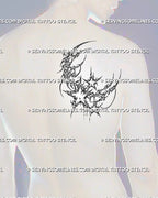 Ornamental celestial tattoo stencil shown on men’s back shoulder blade with moon and stars, cyber sigil curves, starbursts, and chain detail