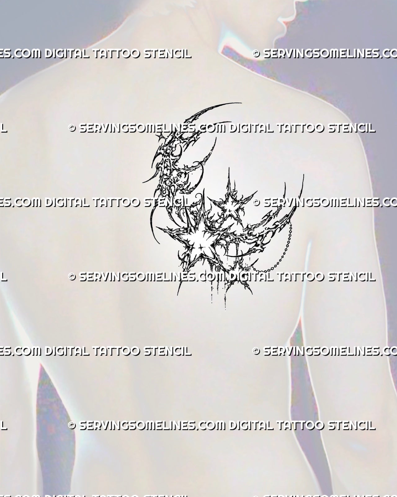 Ornamental celestial tattoo stencil shown on men’s back shoulder blade with moon and stars, cyber sigil curves, starbursts, and chain detail