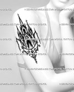 Ornamental church tattoo stencil shown on women’s arm with medieval spires, pointed arch windows, hanging chains, and decorative sacred architecture