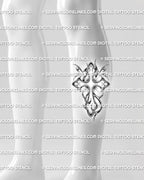 Ornamental cross tattoo stencil displayed on calf placement, bold Y2K-style shape with shaded details and sharp curved edges. 